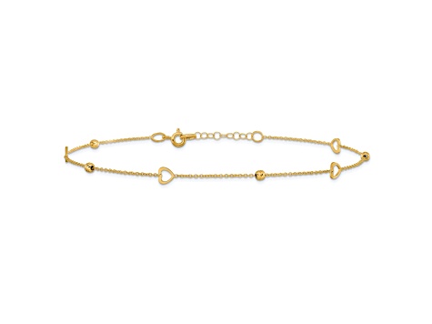 14K Yellow Gold Polished and Diamond-cut Heart with 1-inch Extension Anklet