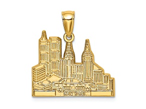 14k Yellow Gold Textured Cut-out New York Skyline with Taxi pendant