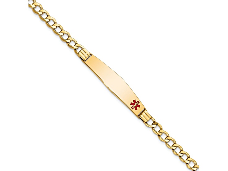 14k Yellow Gold Medical Soft Diamond Shape Red Enamel Cuban Link ID Bracelet
