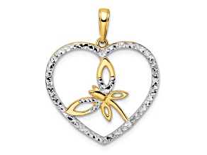 14k Two-tone Gold Diamond-cut Dragonfly in Heart Pendant