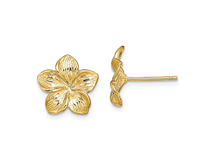 14k Yellow Gold 11.5mm Textured Plumeria Flower Stud Earrings
