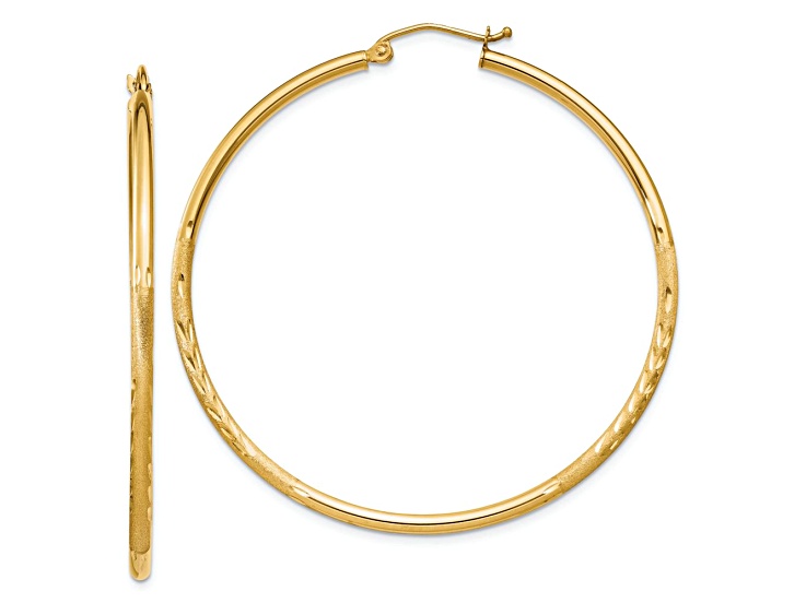 14k Yellow Gold 1 15/16" Satin and Diamond-Cut Round Tube Hoop Earrings