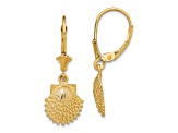 14k Yellow Gold 2D Beaded Textured Scallop Shell Dangle Earrings