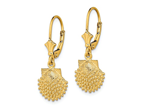 14k Yellow Gold 2D Beaded Textured Scallop Shell Dangle Earrings