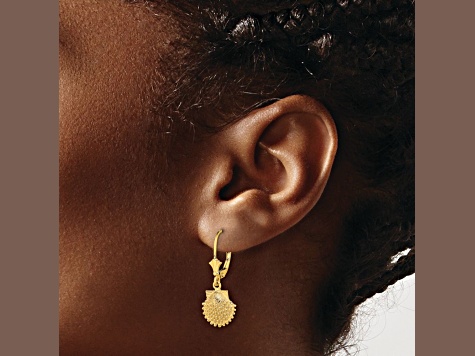 14k Yellow Gold 2D Beaded Textured Scallop Shell Dangle Earrings