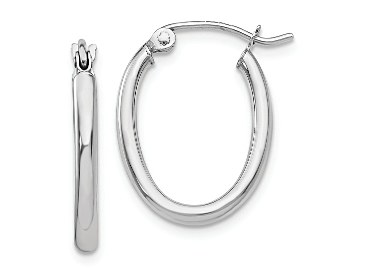 Rhodium Over 14k White Gold Polished 3/8" Oval Tube Hoop Earrings