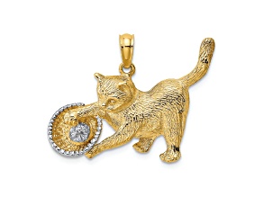 14K Yellow Gold with White Rhodium Cat Playing with Yarn in Basket Charm