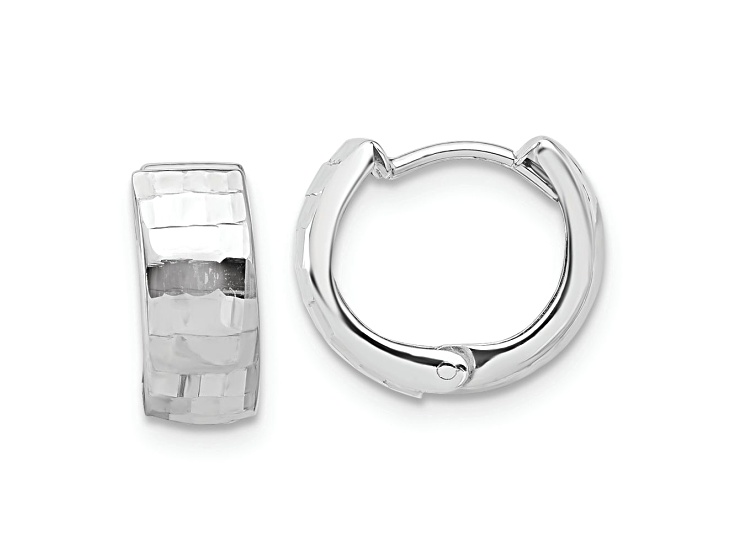 Rhodium Over 14k White Gold 7/16 inch Polished and Diamond-Cut Huggie Hoop Earrings
