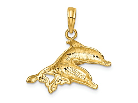 14k Yellow Gold Polished and Textured Dolphins Charm