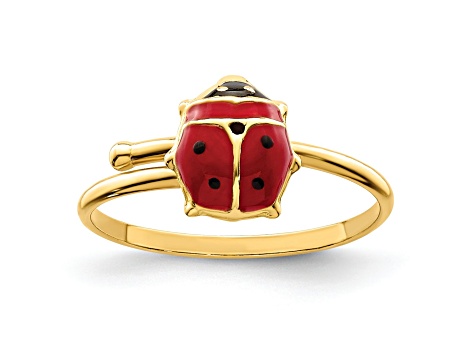 14K Yellow Gold Polished Enameled Ladybug Adjustable Ring
