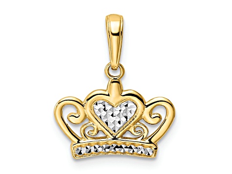 14K Yellow Gold with White Rhodium Diamond-Cut Heart Crown Pendant