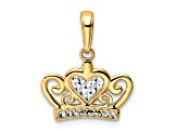 14K Yellow Gold with White Rhodium Diamond-Cut Heart Crown Pendant