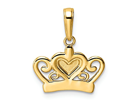 14K Yellow Gold with White Rhodium Diamond-Cut Heart Crown Pendant