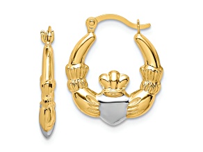 10k Yellow Gold and Rhodium Over 10k yellow Gold 11/16" Claddagh Hoop Earrings