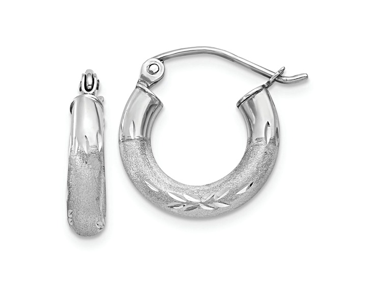 Rhodium Over 10k White Gold Satin and Diamond-Cut 3/8" Round Hoop Earrings