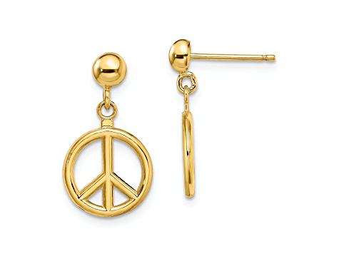 14k Yellow Gold Polished and Textured Peace Symbol Dangle Earrings