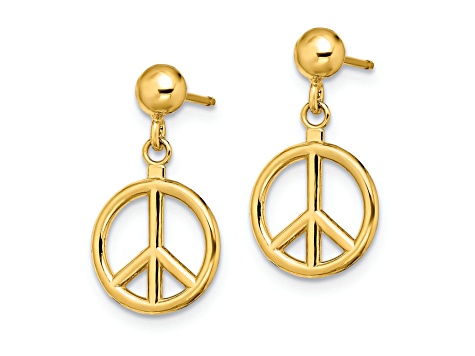 14k Yellow Gold Polished and Textured Peace Symbol Dangle Earrings