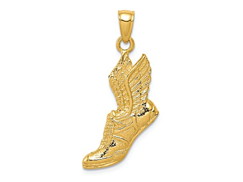 14k Yellow Gold Polished and Textured Running Shoe with Wings Pendant