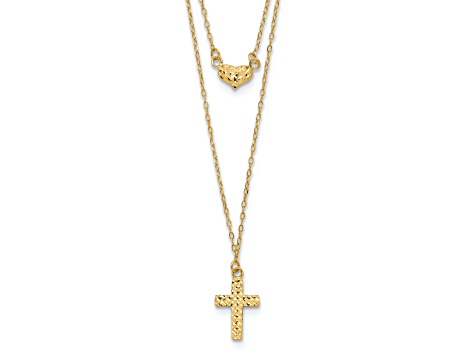 14K Yellow Gold Polished 2-Strand Diamond-cut Cross and Heart with 2-inch Extension Necklace