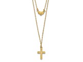 14K Yellow Gold Polished 2-Strand Diamond-cut Cross and Heart with 2-inch Extension Necklace