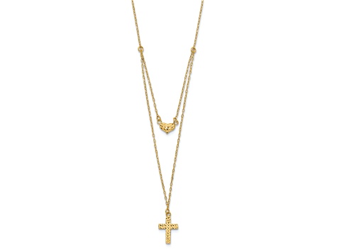 14K Yellow Gold Polished 2-Strand Diamond-cut Cross and Heart with 2-inch Extension Necklace