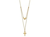 14K Yellow Gold Polished 2-Strand Diamond-cut Cross and Heart with 2-inch Extension Necklace