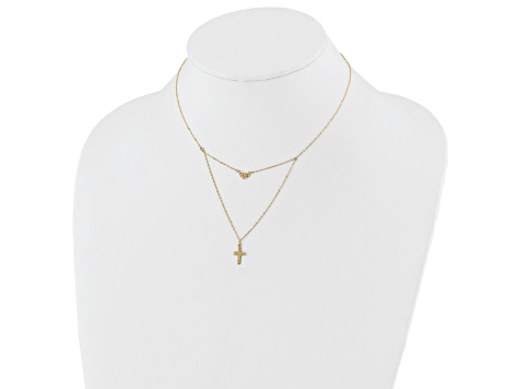 14K Yellow Gold Polished 2-Strand Diamond-cut Cross and Heart with 2-inch Extension Necklace