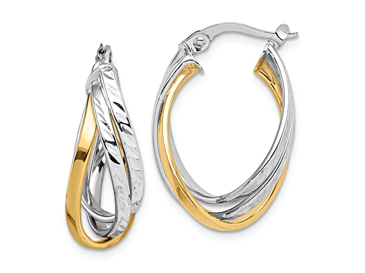 14k Yellow Gold and 14k White Gold 15/16" Diamond-Cut Hoop Earrings