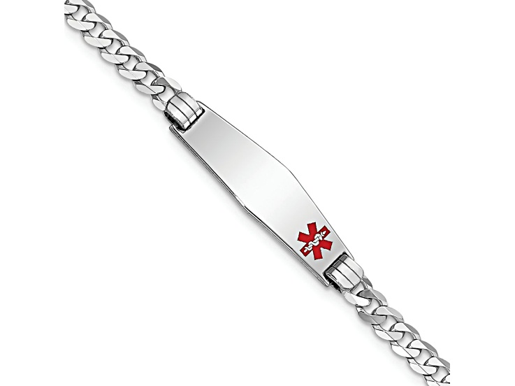 Rhodium Over 14k White Gold Medical Soft Diamond Shape Red Enamel Flat Curb Link ID Bracelet