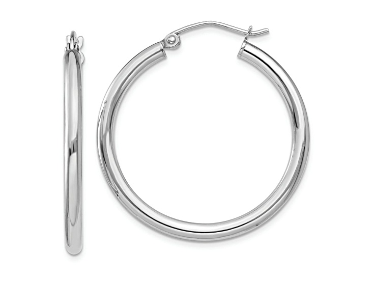 Rhodium Over 10k White Gold Polished 1 3/16" Tube Hoop Earrings
