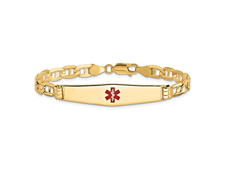 14k Yellow Gold Medical Soft Diamond Shape Red Enamel Mariner Link ID Bracelet