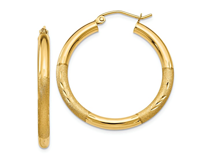 14k Yellow Gold Satin and Diamond-Cut 1 3/16" Round Hoop Earrings