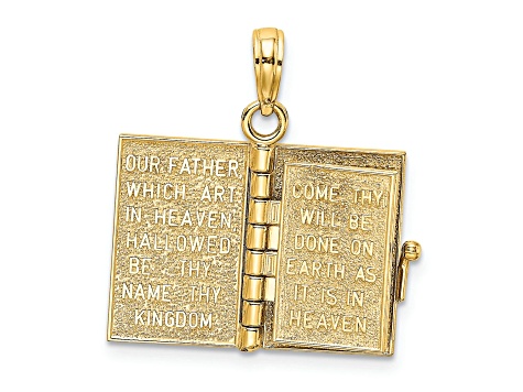14k Yellow Gold 3D Textured Moveable Pages Hinged Holy Bible with Lords Prayer Pendant