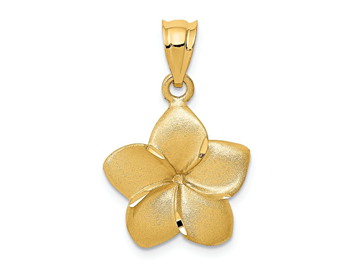 14k Yellow Gold Satin and Diamond-Cut Plumeria Floral Charm Pendant