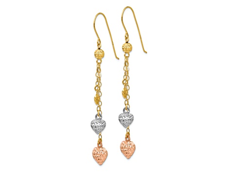 14K Yellow Gold, 14K White Gold and 14K Rose Gold Diamond-Cut Puff Heart Dangle Earrings