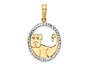 14K Two-tone Gold Diamond-Cut Dog in Oval Pendant