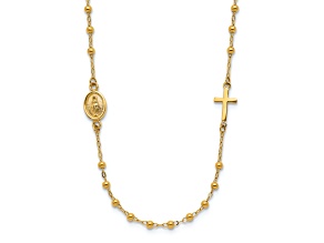 14K Yellow Gold Polished Miraculous Medal and Cross Rosary Design Necklace