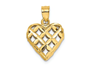10K Yellow Gold 3D Diamond-Cut Filigree Puffed Heart Charm