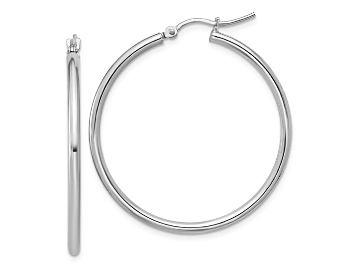 Rhodium Over 10k White Gold 1 7/16 inch Polished Hinged Hoop Earrings