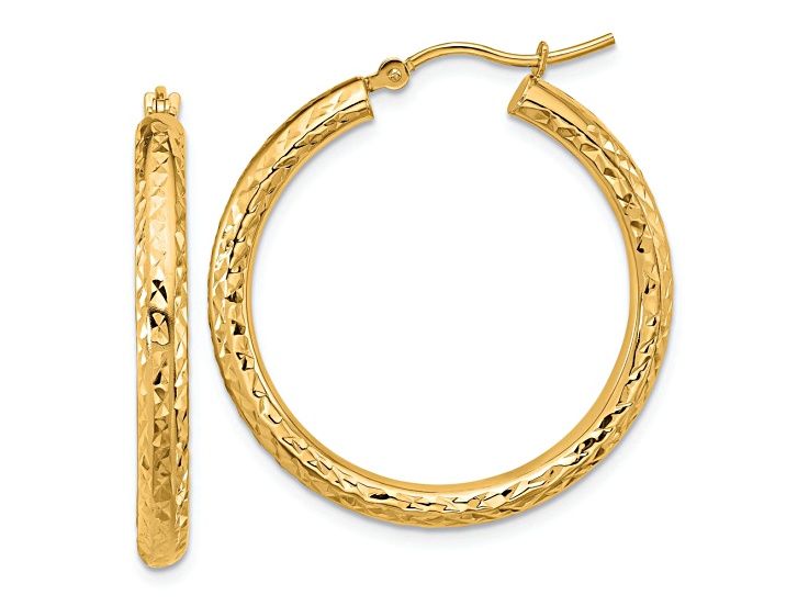 14k Yellow Gold 1 3/16 inch Diamond-Cut Round Hoop Earrings