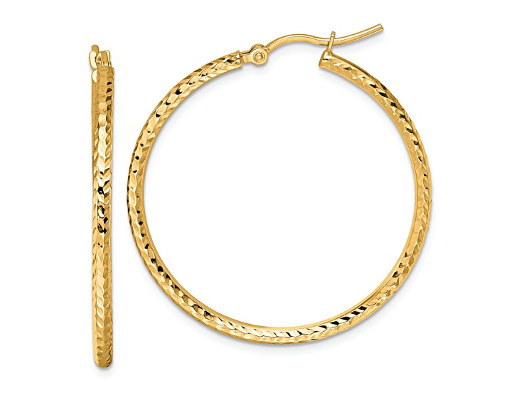 10k Yellow Gold 1 3/8 inch Diamond-Cut Round Tube Hoop Earrings
