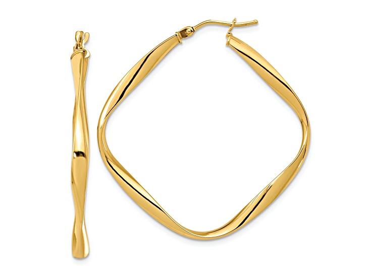 10k Yellow Gold 1 9/16 inch Polished Twisted Square Hoop Earrings