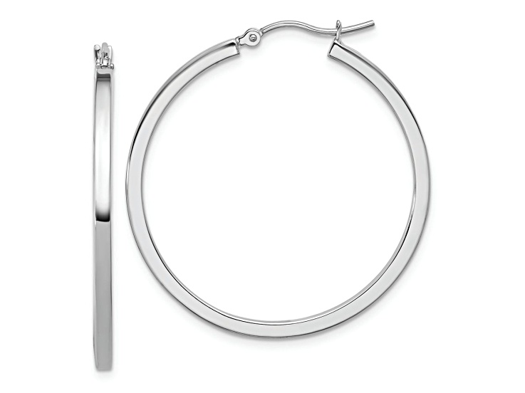 Rhodium Over 10k White Gold 1 3/8 inch Square Tube Hoop Earrings