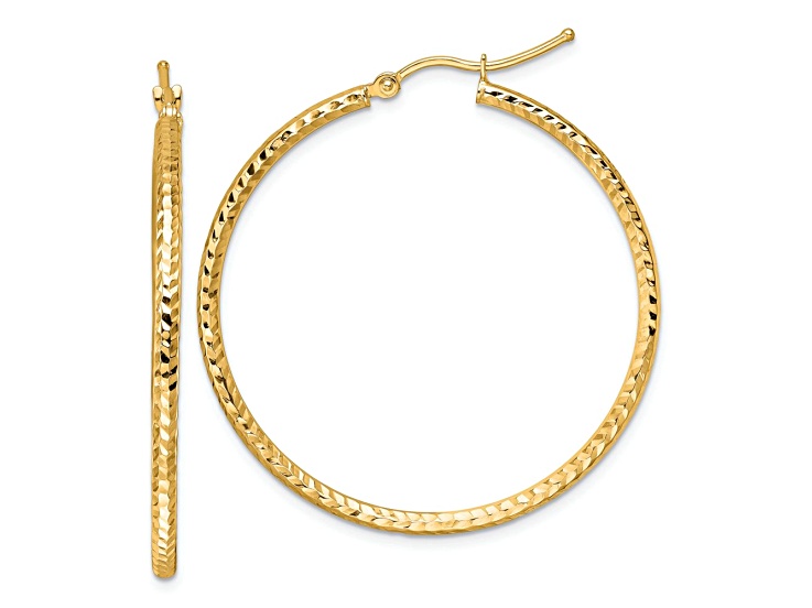 10k Yellow Gold 1 9/16 inch Diamond-Cut Round Tube Hoop Earrings