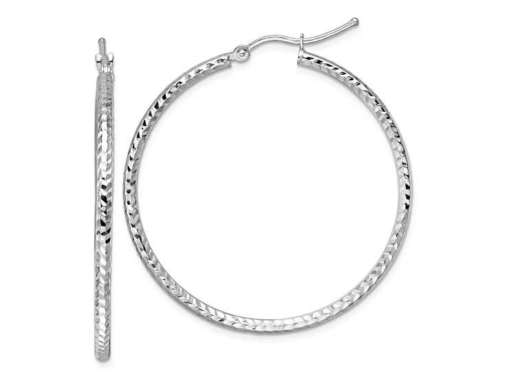 Rhodium Over 10k White Gold 1 9/16 inch Diamond-Cut Round Tube Hoop Earrings