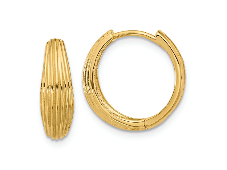 14k Yellow Gold 5/8 inch Polished and Grooved Hinged Hoop Earrings