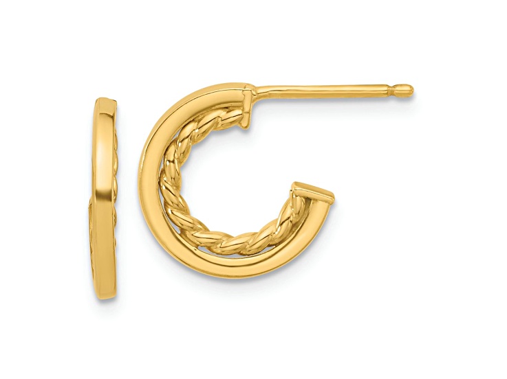 14k Yellow Gold 9/16 inch Polished and Textured J-Hoop Earrings