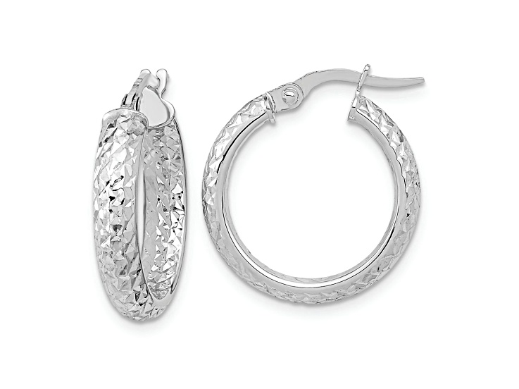 Rhodium Over 14k White Gold 13/16" Polished and Diamond-Cut Inside and Out Fancy Hoop Earrings
