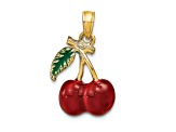 14k Yellow Gold Enamel 3D Cherries with Leaf Charm