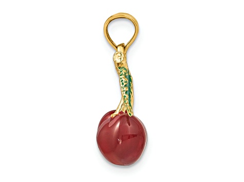 14k Yellow Gold Enamel 3D Cherries with Leaf Charm